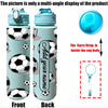Front and back views of a light blue football-themed water bottle with an added name feature and a clear lid.