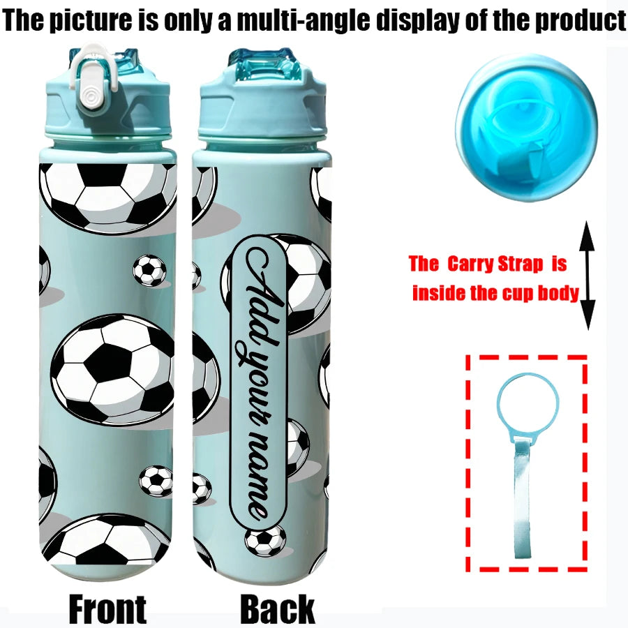 Front and back views of a light blue football-themed water bottle with an added name feature and a clear lid.