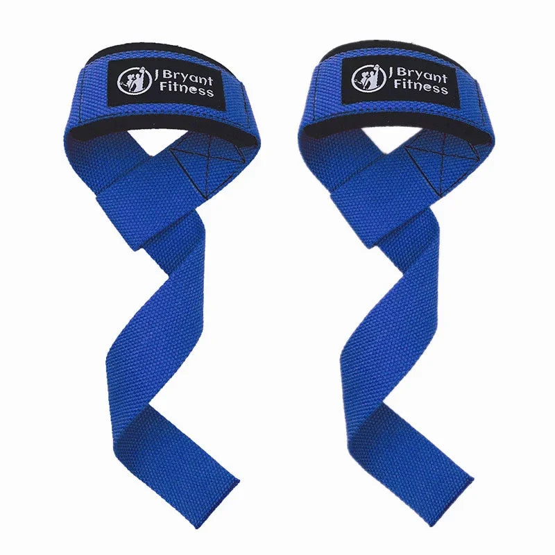 A pair of blue Bryant Fitness gym wrist straps shown against a white background.