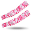 Pink and gray camouflage tactical arm sleeves shown stretched out.