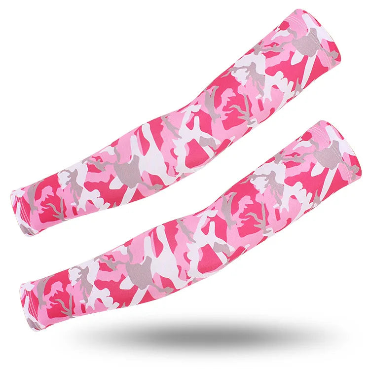 Pink and gray camouflage tactical arm sleeves shown stretched out.