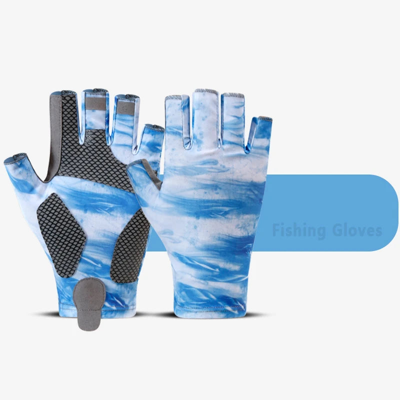 Une paire de gants de pêche anti-dérapants bleu et gris à demi-doigts sur fond blanc.