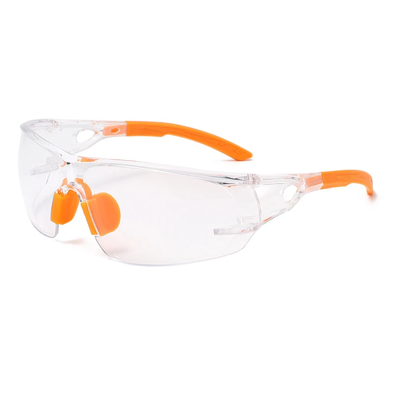 Clear safety goggles with orange frames and protective lenses