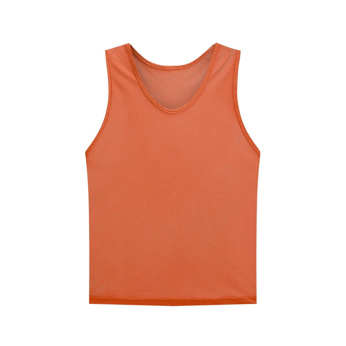 A solid orange sleeveless soccer training vest.