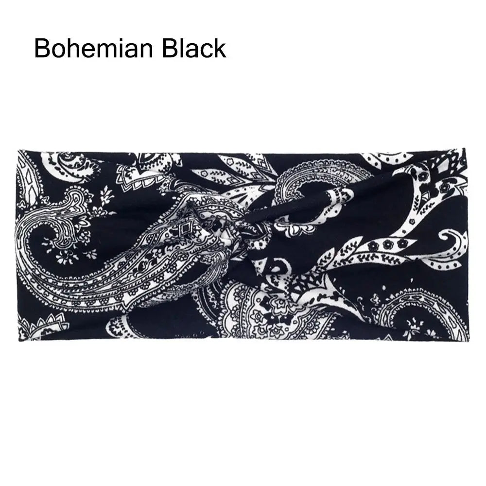 Diadema para el cabello de tela elástica con estampado paisley bohemio negro