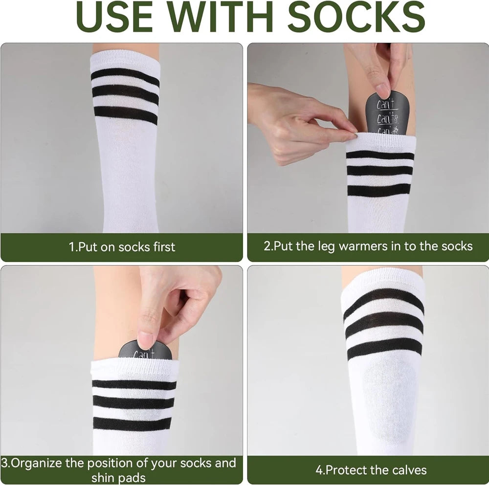 Instructions showing how to put socks and leg warmers onto the calves for protection.