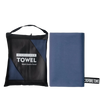 A black microfiber towel bag and a folded blue microfiber towel are displayed side by side.