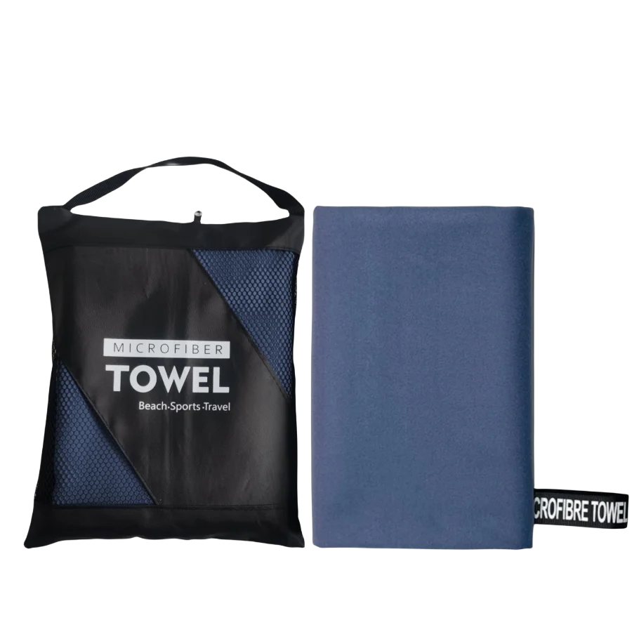 A black microfiber towel bag and a folded blue microfiber towel are displayed side by side.