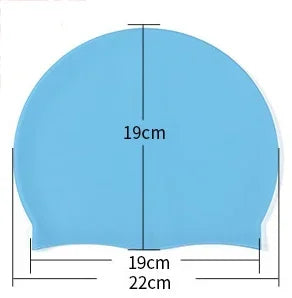 Light blue waterproof silicone swim cap showing dimensions of 19cm height and 19cm to 22cm width.
