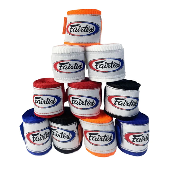 A stack of various colored boxing hand wraps with the Fairtex logo.