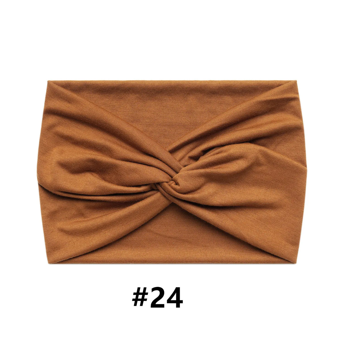 A brown fabric headband tied in a knot, shown flat lay.