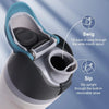 A close-up of a white and gray water bottle lid demonstrating the Swig and Sip functions.