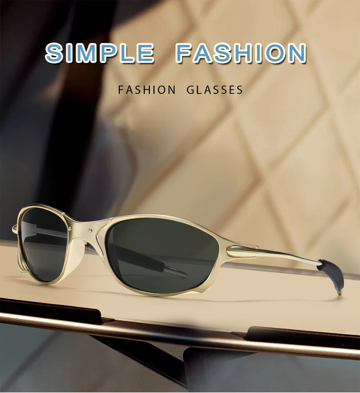 A pair of simple fashion sunglasses with a metal frame resting on a light-colored surface.