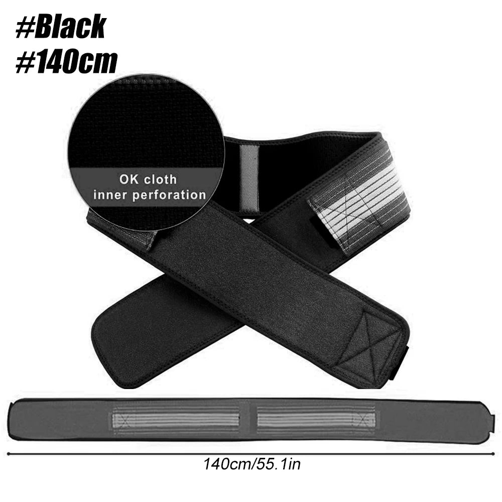 Black adjustable pelvic support hip belt with inner perforation and a flat strap shown for lower back relief