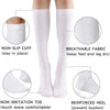 White medical grade compression socks showing features like non-slip cuff, breathable fabric, non-irritation toe, and reinfor