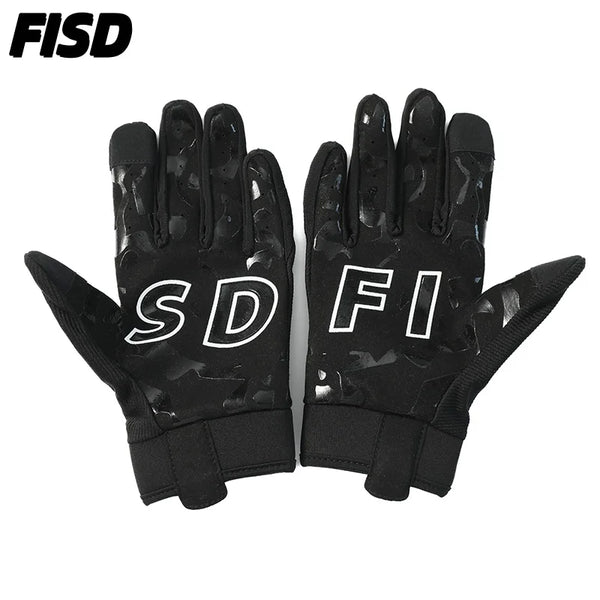 A pair of black camouflage sports gloves with the letters SDFI printed on the palm.