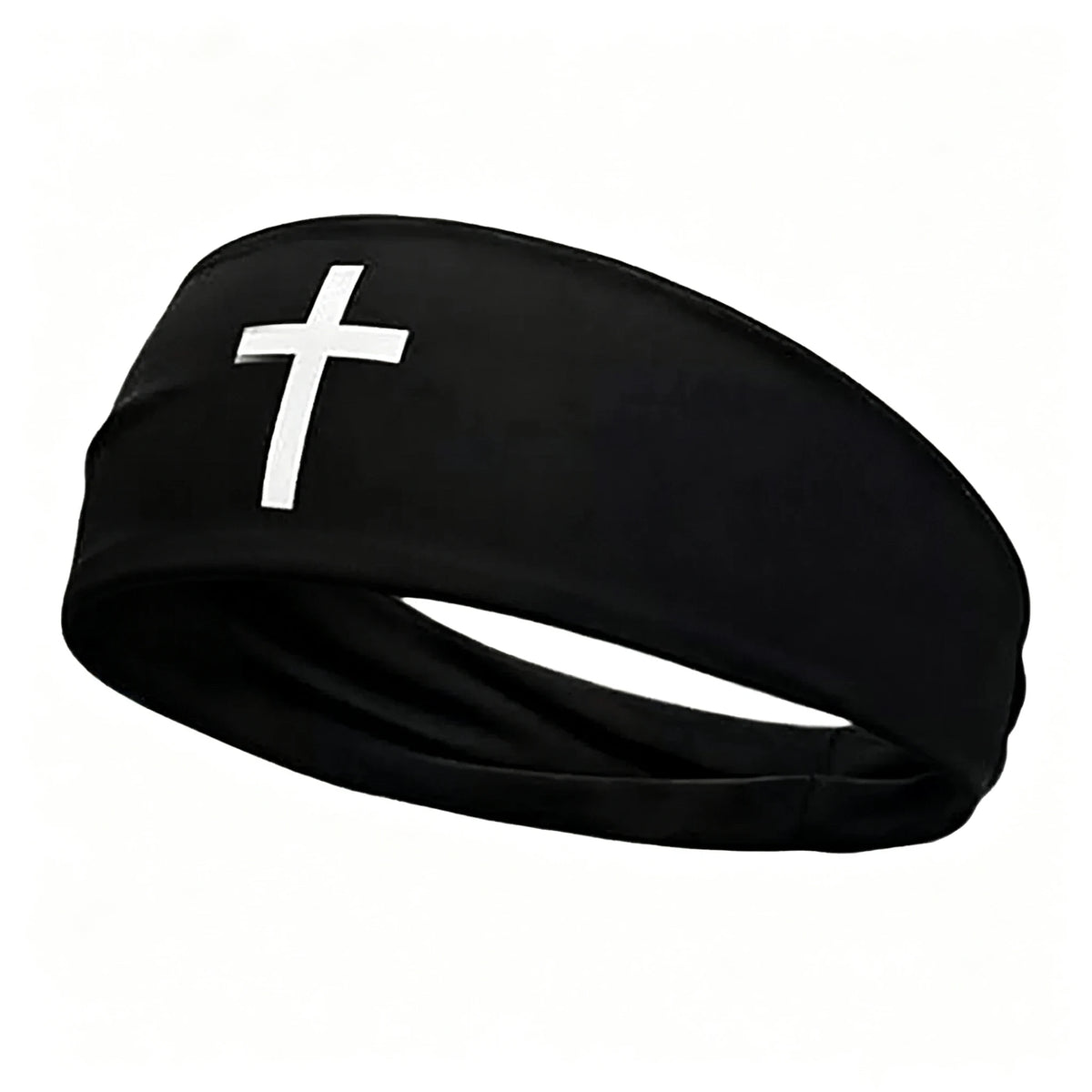 Black athletic sweat headband with a white cross design