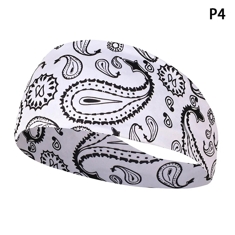 White patterned elastic sports headband shown from the side.