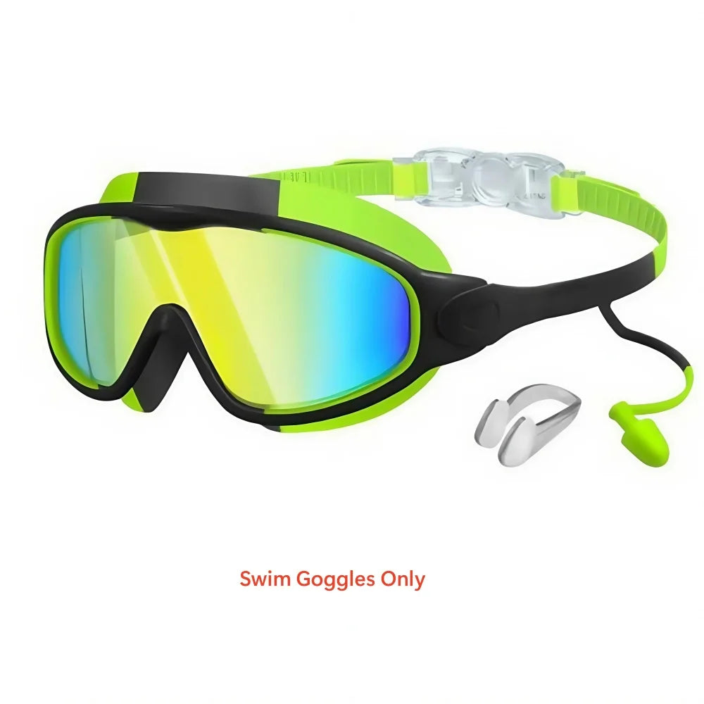 A pair of neon yellow-green swim goggles with a black frame and adjustable strap, along with nose clips and earplugs.