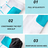 Three views of compression socks showing full elasticity, non-slip fit, and reinforced heel.