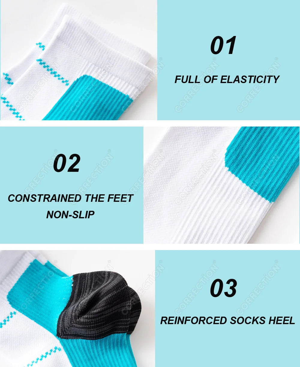 Three views of compression socks showing full elasticity, non-slip fit, and reinforced heel.