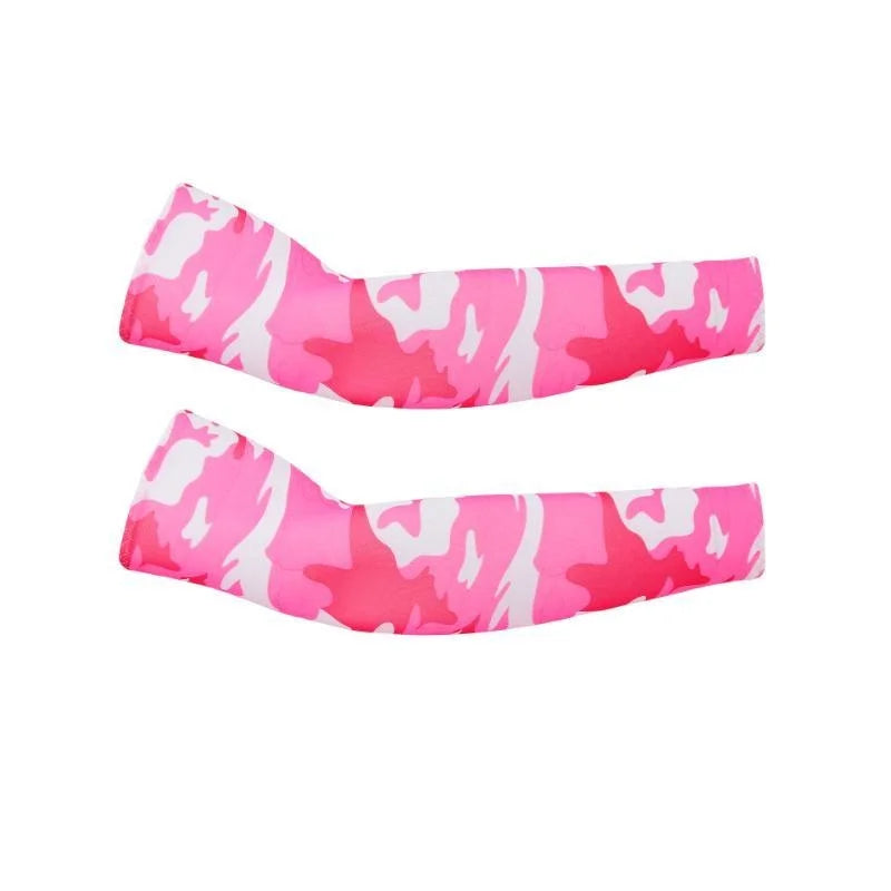 Pair of pink and white camouflage cooling arm sleeves for UV protection
