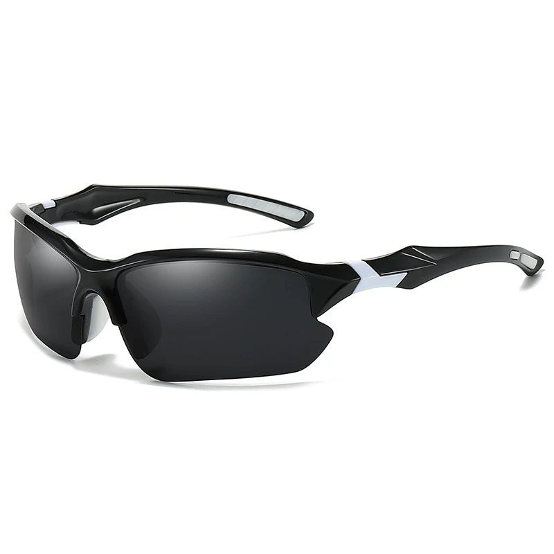Black polarized sunglasses with white accents shown against a white background.