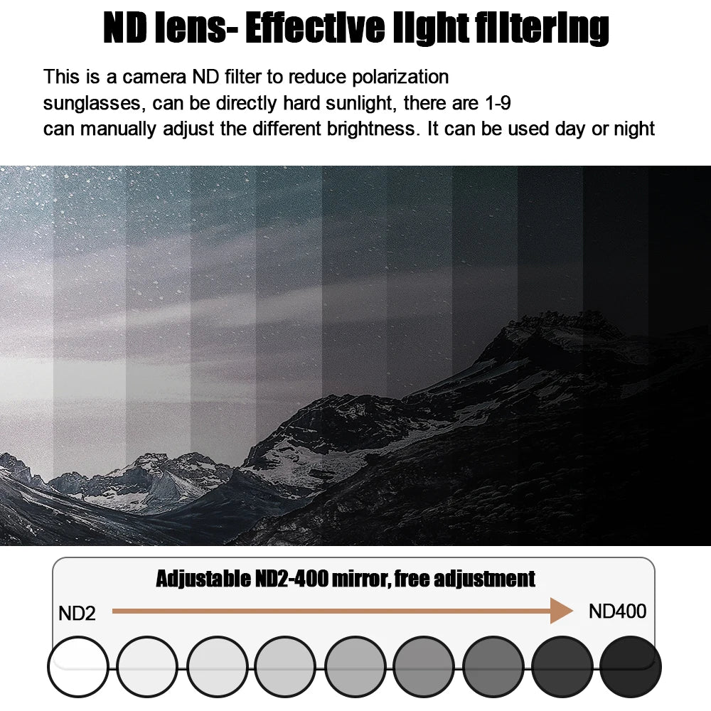 Diagram showing ND filter range from ND2 to ND400 for polarized adjustable sunglasses.