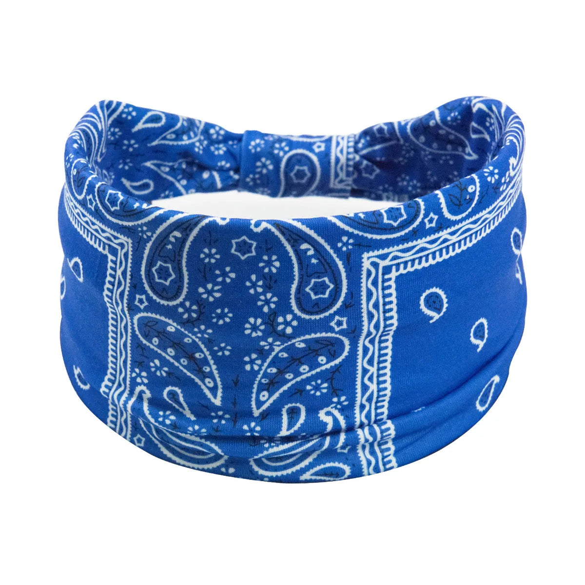 Königsblaues Boho-Twist-Haarband mit weißem Paisley- und geometrischem Muster.