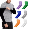 A collection of purple, green, and blue UV protection arm sleeves displayed on a person's arm.
