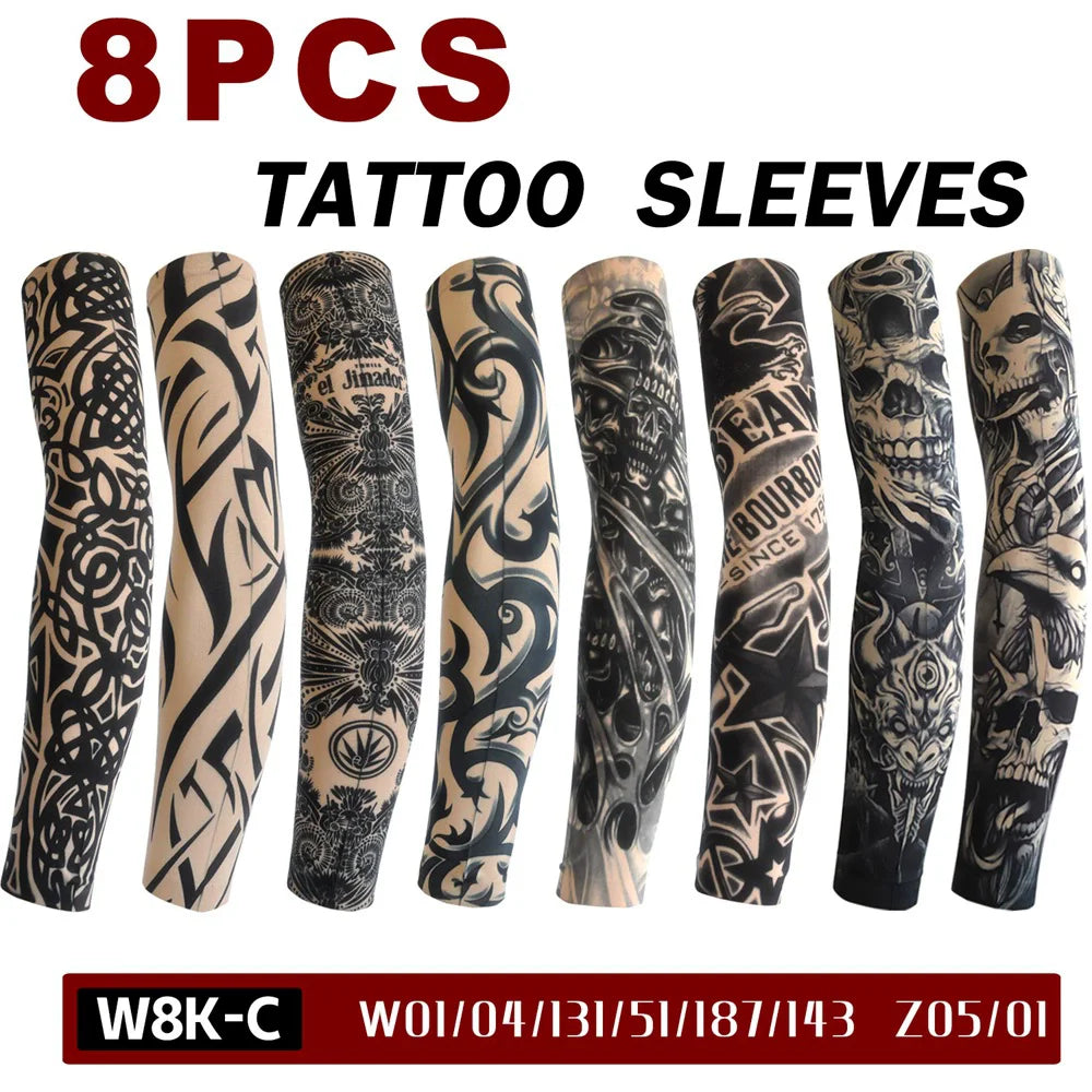 Paquete de ocho mangas de tatuajes blanco y negro para protección de brazos