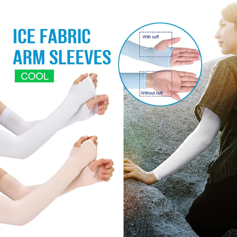 White ice fabric arm sleeves shown on a person's arm, demonstrating with and without a cuff.