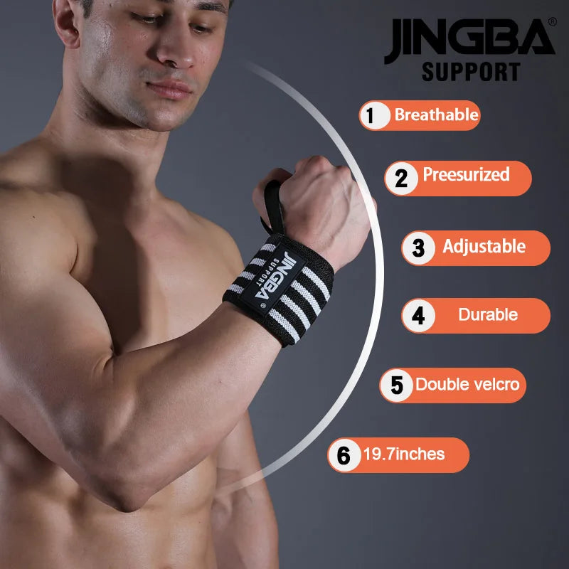 Mann präsentiert das Jingba-Unterarm-Stützband, mit Fokus auf Atmungsaktivität und Haltbarkeit.