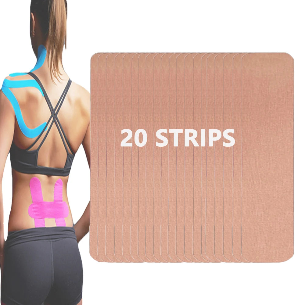 A package of 20 strips of professional kinesiology tape is shown next to a person demonstrating its application on their back