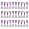 A row of gold, silver, and bronze award medals with blue and red ribbons.