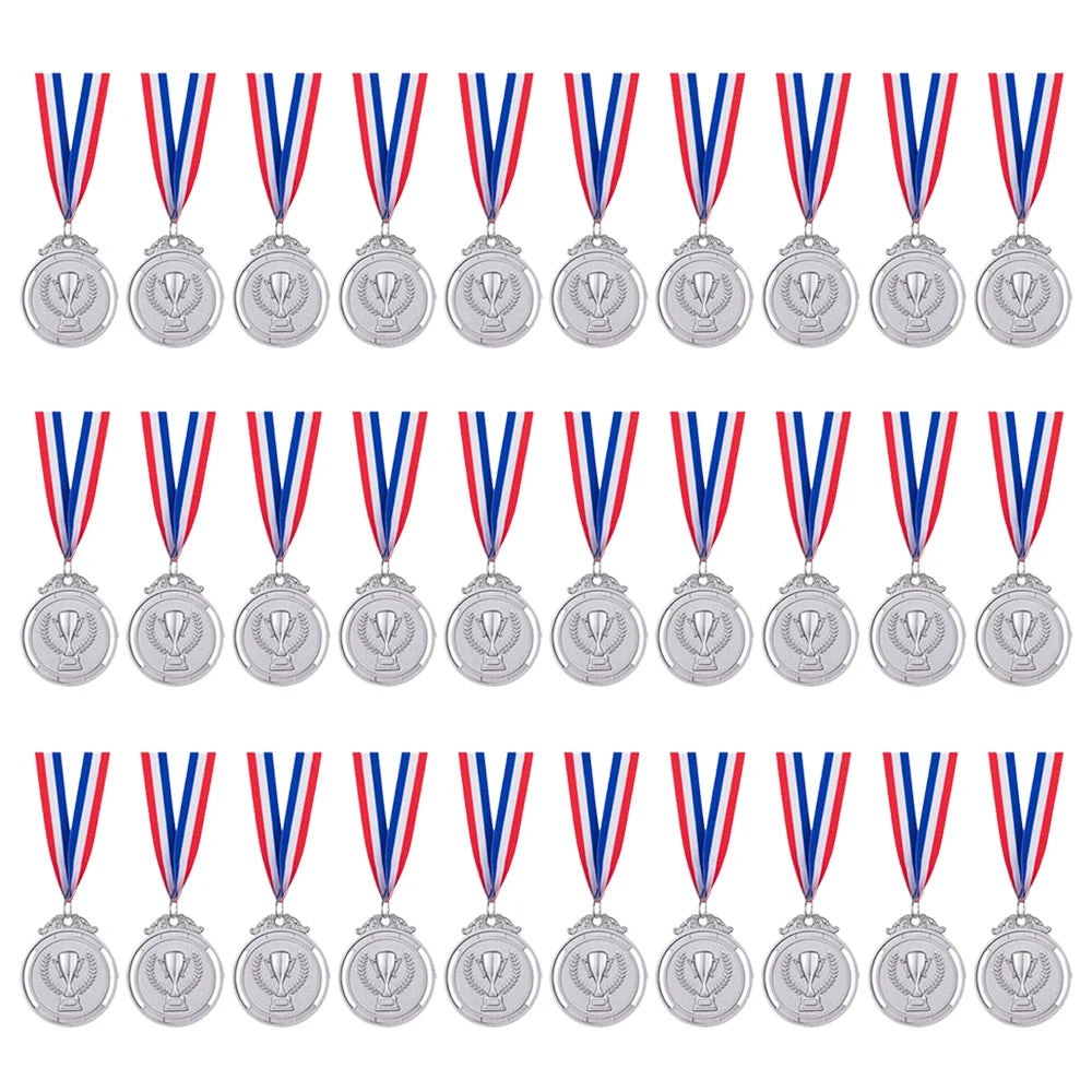 A row of gold, silver, and bronze award medals with blue and red ribbons.