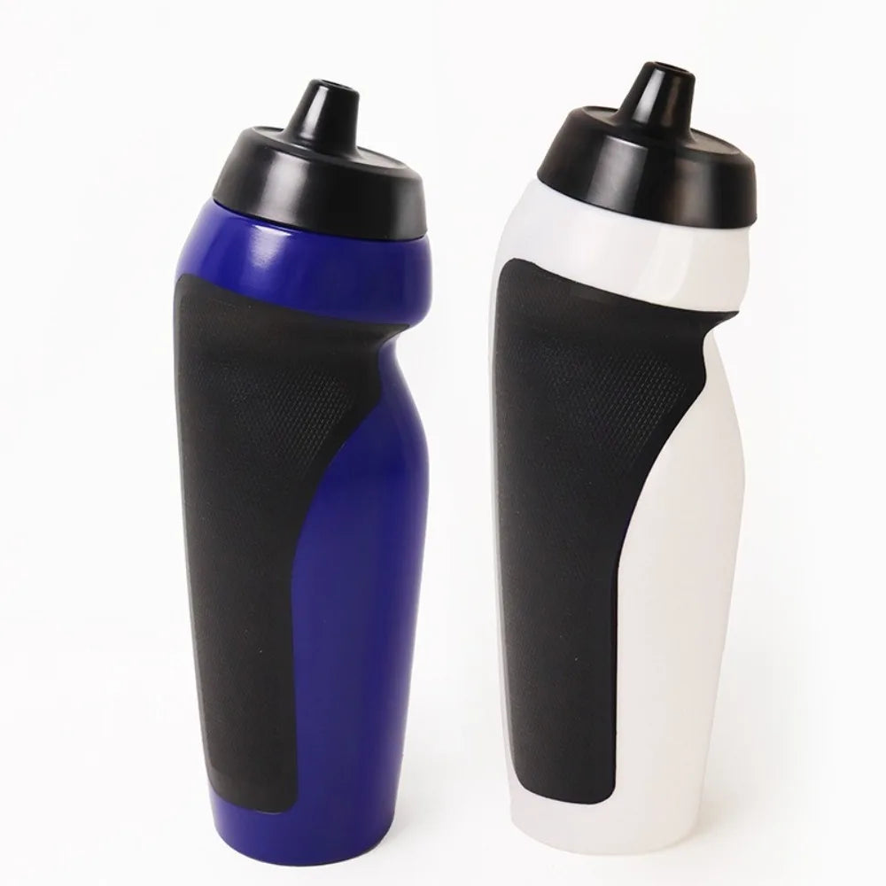 A black and blue squeeze water bottle with a white cap, shown from the side.
