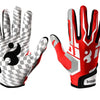 Une paire de gants de sport en silicone rouge et blanc antidérapants avec un motif de préhension.