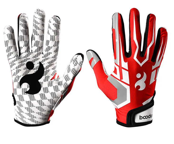 Une paire de gants de sport en silicone rouge et blanc antidérapants avec un motif de préhension.