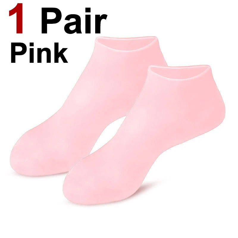 One pair of pink silicone moisturizing socks for cracked feet.