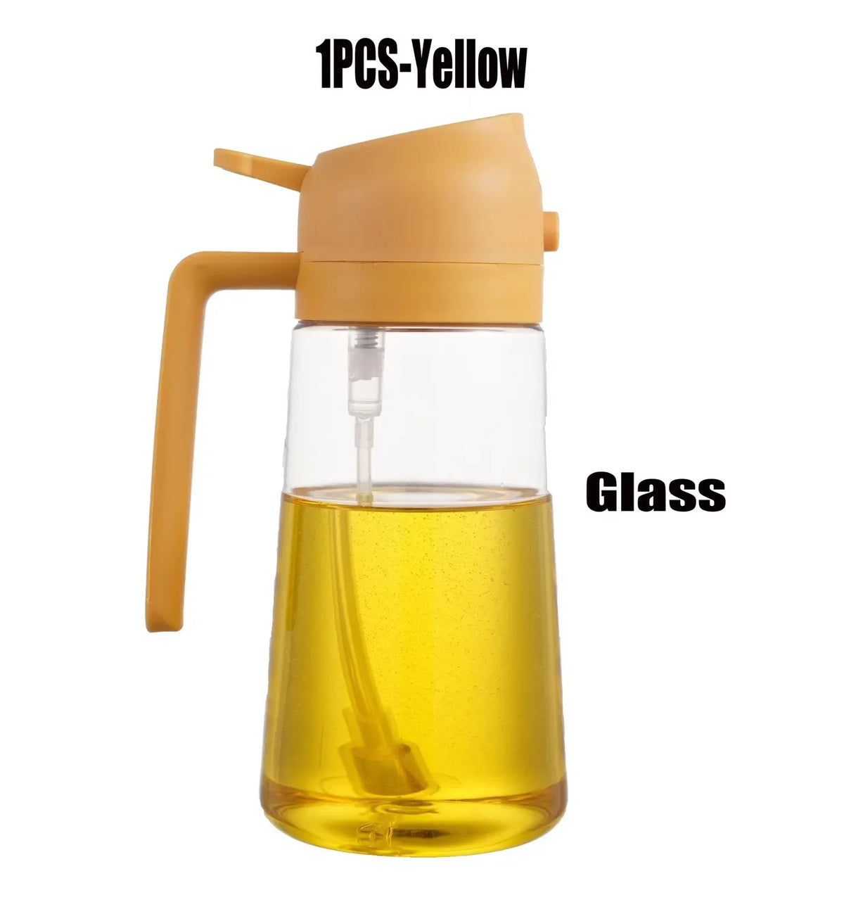 A 1 piece yellow glass oil sprayer with a handle is shown.