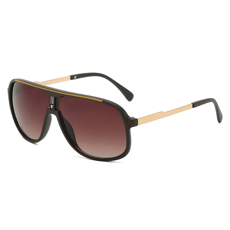 Classic neutral sunglasses with dark brown lenses and gold-toned frames.