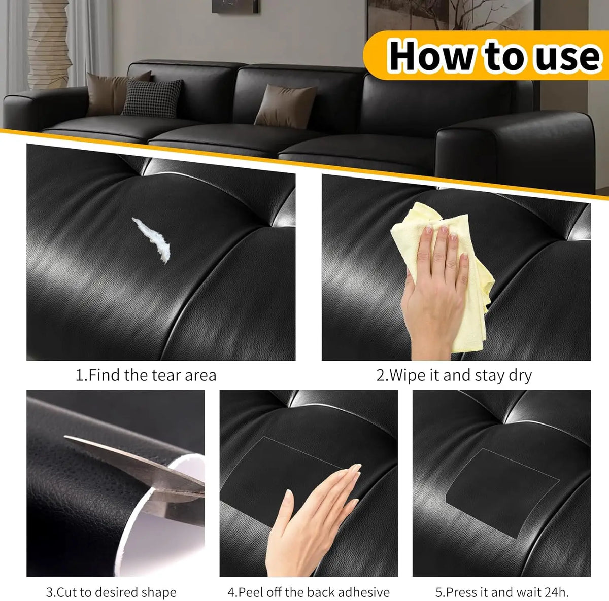 Step-by-step instructions showing how to use self-adhesive leather repair patches on furniture.
