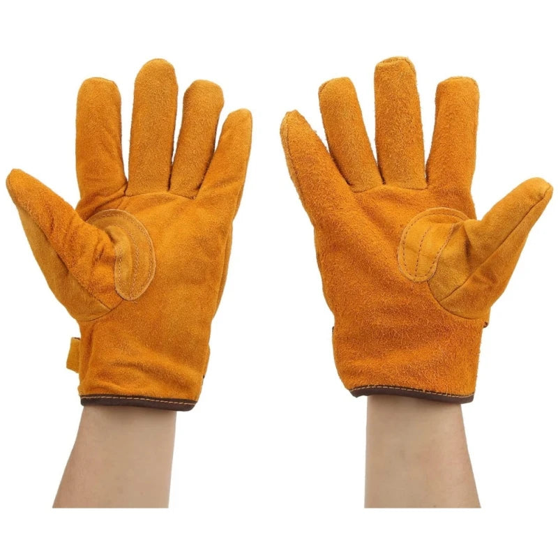 Pair of orange heavy duty cowhide leather welding and work gloves shown against a white background.