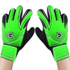Pair of neon green soccer goalie gloves with black accents and double wrist protection