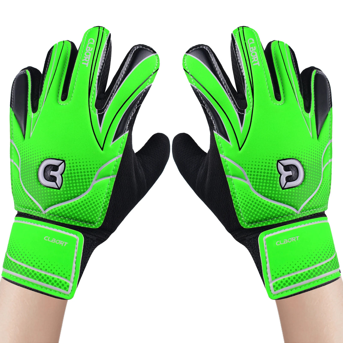 Pair of neon green soccer goalie gloves with black accents and double wrist protection