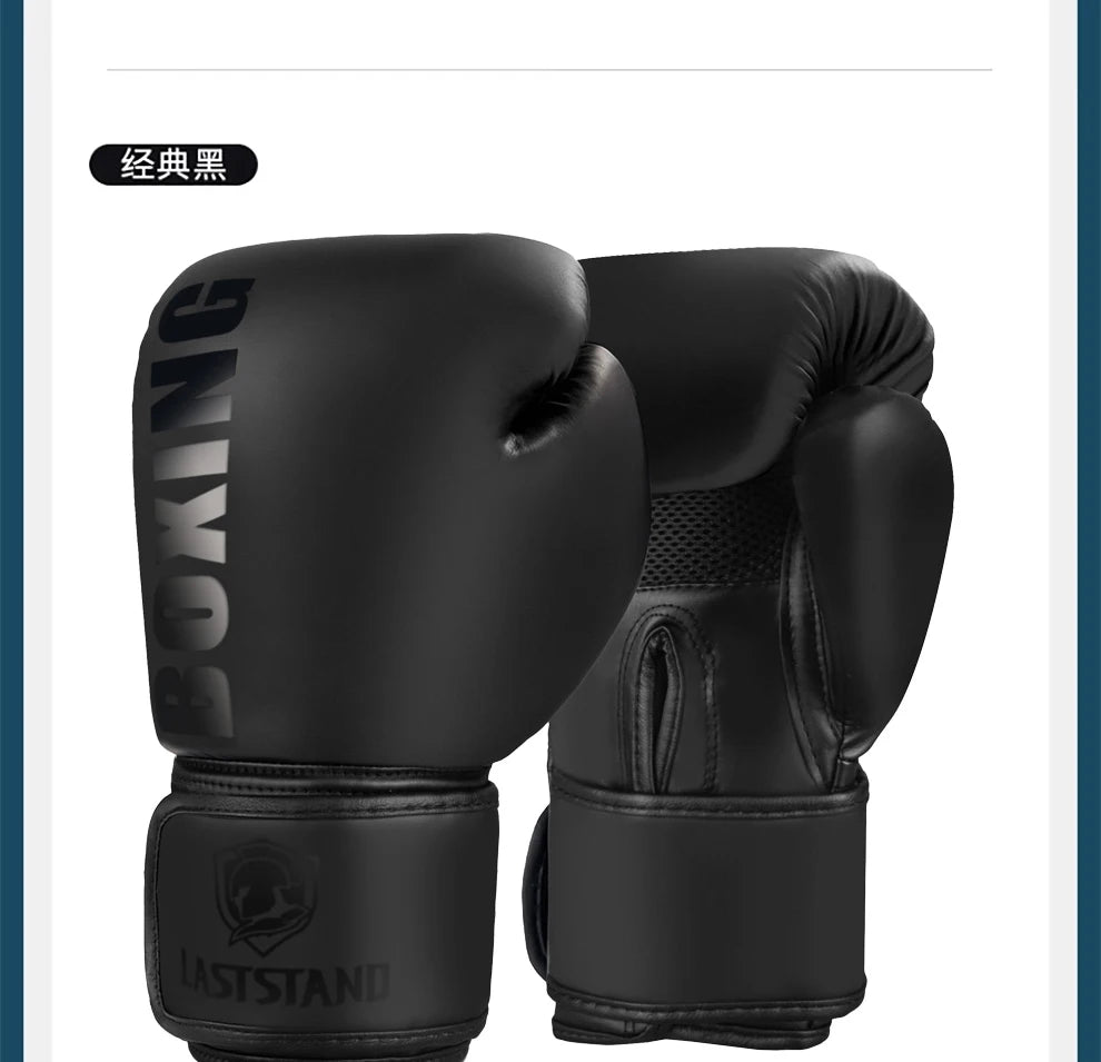Une paire de gants de boxe en cuir PU noir avec un logo Laststand visible sur la sangle.