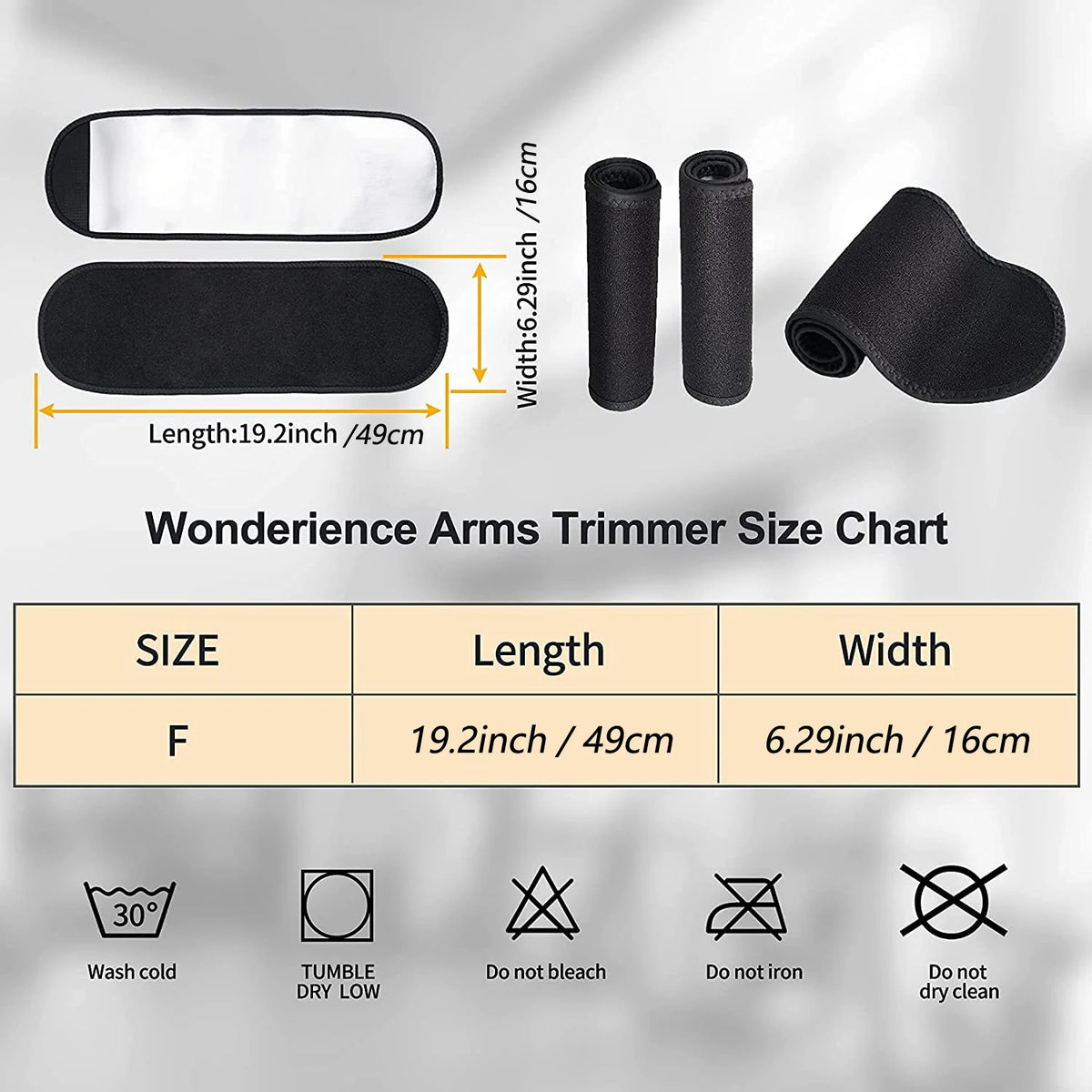 Wonderience Arms Trimmer size chart showing dimensions and care instructions for a black sweat shaper arm trimmer.