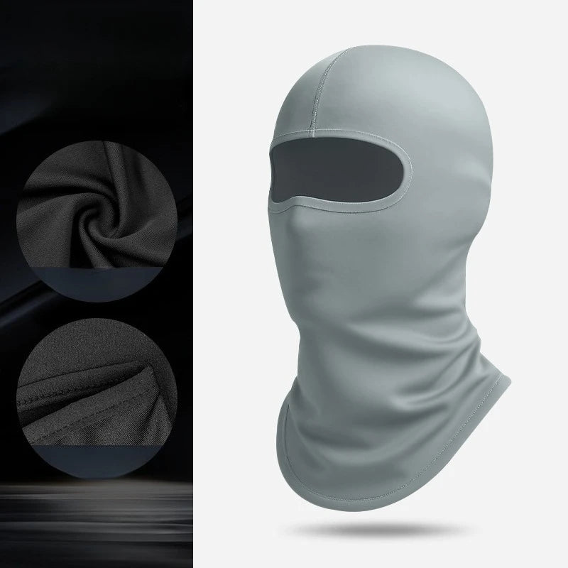 A light gray thermal balaclava head covering shown in a full-face mask style with a folded fabric detail.