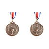 Two round bronze sports achievement medals with ribbons and a trophy design